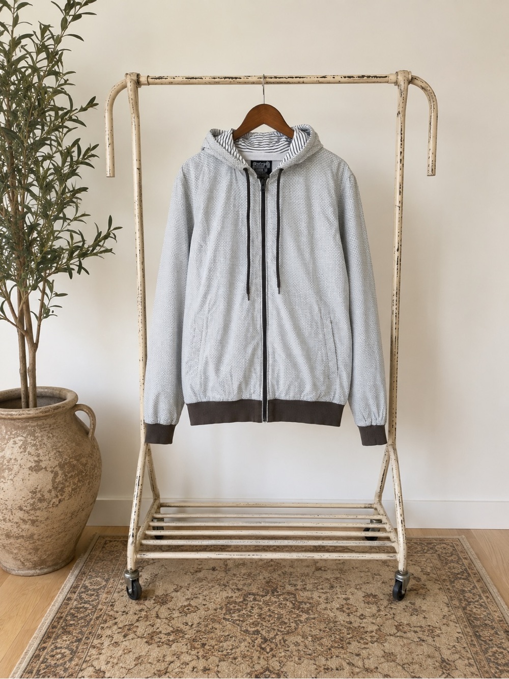 Light Gray Hooded Zip Jacket with Brown Trim
